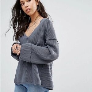 Free People La Brea V Neck Sweater dusty blue